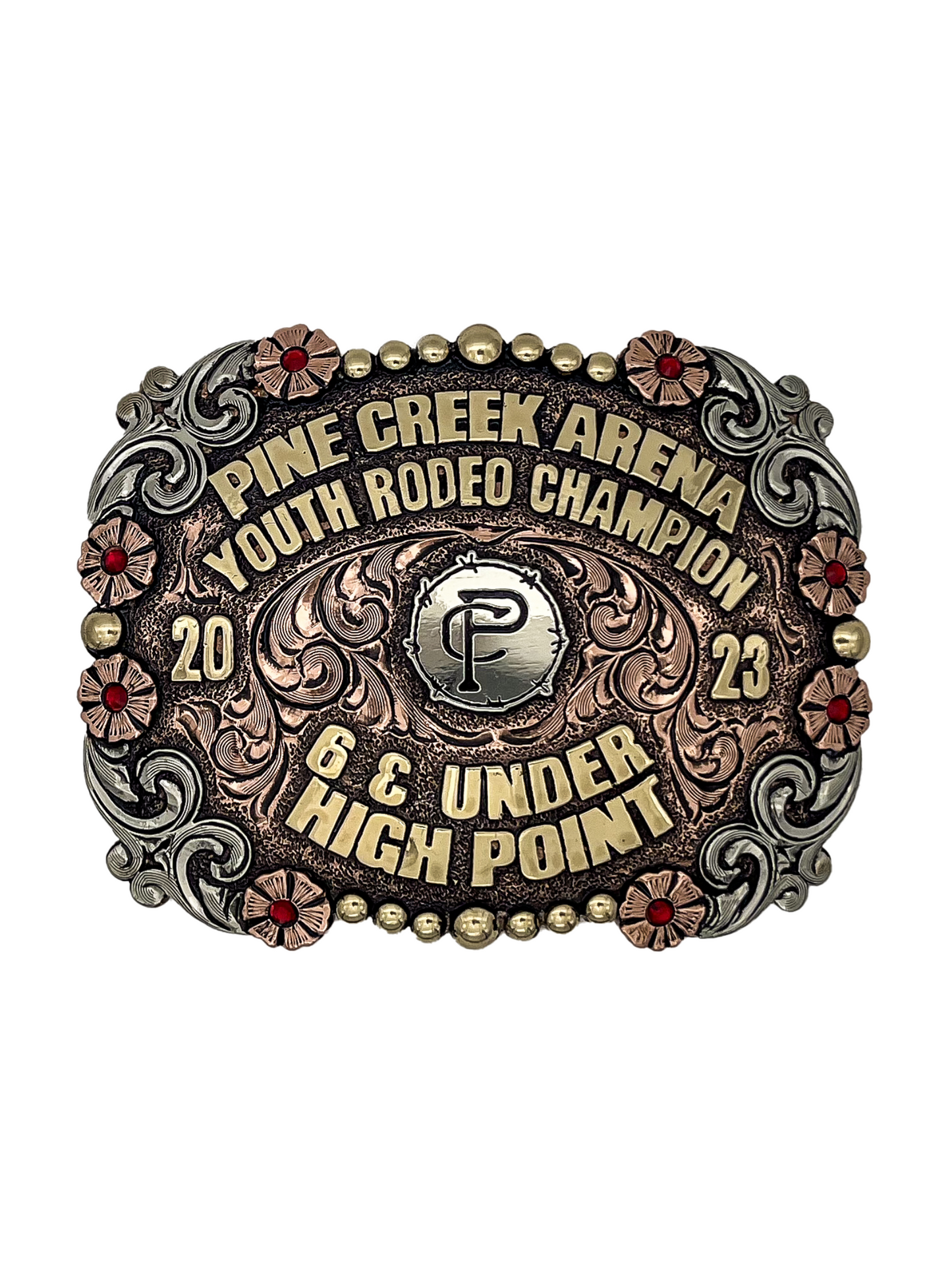 Custom belt buckle with a unique shape with 8 red stones